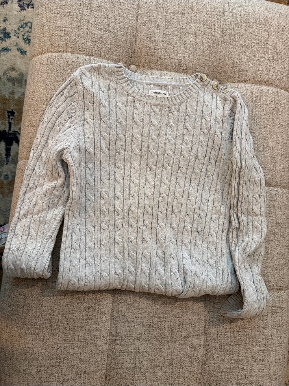 croft & barrow Light Gray Cable-Knit Crewneck Sweater with Shoulder Buttons